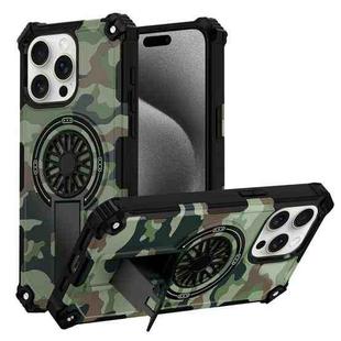 For iPhone 15 Pro Max Camouflage Kickstand Rotating Shaft MagSafe Phone Case(Army Green Camouflage)