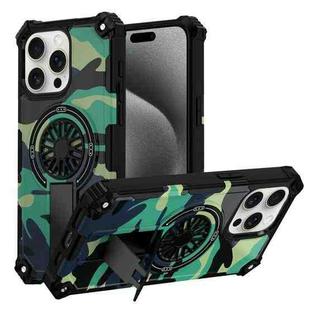 For iPhone 15 Pro Max Camouflage Kickstand Rotating Shaft MagSafe Phone Case(Green Camouflage)