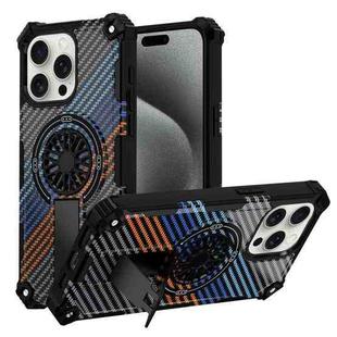 For iPhone 15 Pro Max Camouflage Kickstand Rotating Shaft MagSafe Phone Case(Carbon Fiber Rainbow)