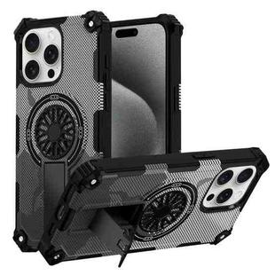 For iPhone 15 Pro Max Camouflage Kickstand Rotating Shaft MagSafe Phone Case(Carbon Fiber Grey)
