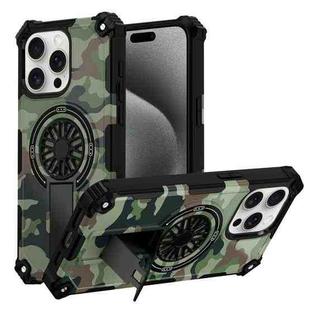 For iPhone 15 Pro Camouflage Kickstand Rotating Shaft MagSafe Phone Case(Army Green Camouflage)