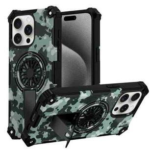 For iPhone 15 Pro Camouflage Kickstand Rotating Shaft MagSafe Phone Case(Mint Green Camouflage)