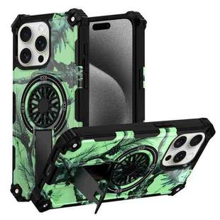 For iPhone 15 Pro Camouflage Kickstand Rotating Shaft MagSafe Phone Case(Bright Green Branches)