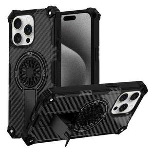 For iPhone 15 Pro Camouflage Kickstand Rotating Shaft MagSafe Phone Case(Carbon Fiber Black)