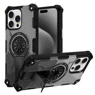 For iPhone 15 Pro Camouflage Kickstand Rotating Shaft MagSafe Phone Case(Carbon Fiber Grey)