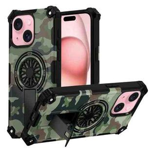 For iPhone 15 Plus Camouflage Kickstand Rotating Shaft MagSafe Phone Case(Army Green Camouflage)