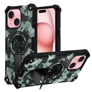 For iPhone 15 Plus Camouflage Kickstand Rotating Shaft MagSafe Phone Case(Mint Green Camouflage)