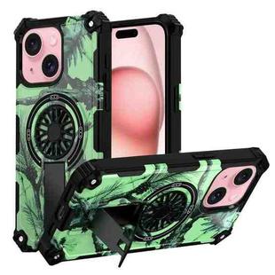 For iPhone 15 Plus Camouflage Kickstand Rotating Shaft MagSafe Phone Case(Bright Green Branches)