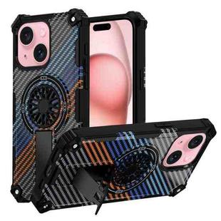 For iPhone 15 Plus Camouflage Kickstand Rotating Shaft MagSafe Phone Case(Carbon Fiber Rainbow)