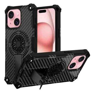For iPhone 15 Plus Camouflage Kickstand Rotating Shaft MagSafe Phone Case(Carbon Fiber Black)