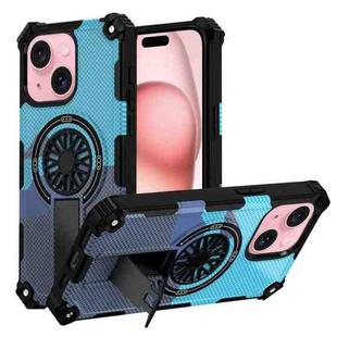 For iPhone 15 Plus Camouflage Kickstand Rotating Shaft MagSafe Phone Case(Carbon Fiber Sky Blue)