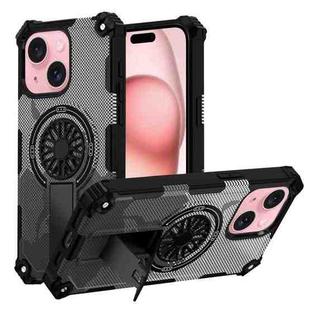 For iPhone 15 Plus Camouflage Kickstand Rotating Shaft MagSafe Phone Case(Carbon Fiber Grey)