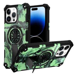 For iPhone 14 Pro Max Camouflage Kickstand Rotating Shaft MagSafe Phone Case(Bright Green Branches)