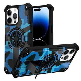 For iPhone 14 Pro Max Camouflage Kickstand Rotating Shaft MagSafe Phone Case(Blue Camouflage)