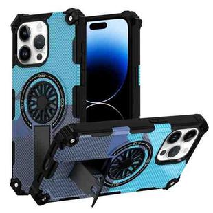 For iPhone 14 Pro Max Camouflage Kickstand Rotating Shaft MagSafe Phone Case(Carbon Fiber Sky Blue)