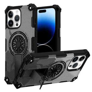 For iPhone 14 Pro Max Camouflage Kickstand Rotating Shaft MagSafe Phone Case(Carbon Fiber Grey)