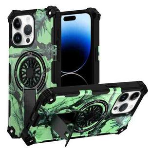 For iPhone 14 Pro Camouflage Kickstand Rotating Shaft MagSafe Phone Case(Bright Green Branches)