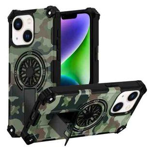 For iPhone 14 Plus Camouflage Kickstand Rotating Shaft MagSafe Phone Case(Army Green Camouflage)