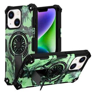 For iPhone 14 Plus Camouflage Kickstand Rotating Shaft MagSafe Phone Case(Bright Green Branches)