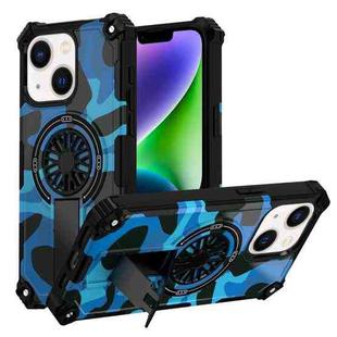 For iPhone 14 Plus Camouflage Kickstand Rotating Shaft MagSafe Phone Case(Blue Camouflage)