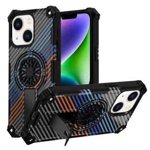 For iPhone 14 Plus Camouflage Kickstand Rotating Shaft MagSafe Phone Case(Carbon Fiber Rainbow)