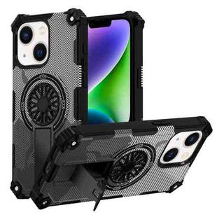 For iPhone 14 Plus Camouflage Kickstand Rotating Shaft MagSafe Phone Case(Carbon Fiber Grey)