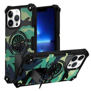 For iPhone 13 Pro Camouflage Kickstand Rotating Shaft MagSafe Phone Case(Green Camouflage)