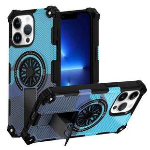 For iPhone 13 Pro Camouflage Kickstand Rotating Shaft MagSafe Phone Case(Carbon Fiber Sky Blue)