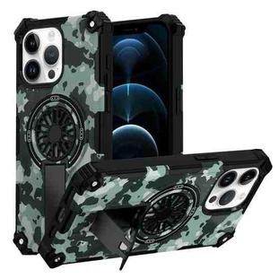 For iPhone 12 Pro Max Camouflage Kickstand Rotating Shaft MagSafe Phone Case(Mint Green Camouflage)