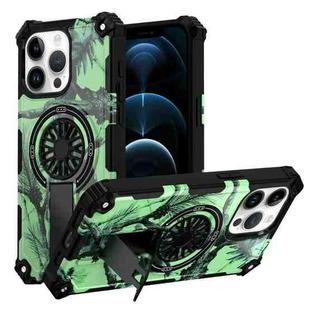 For iPhone 12 Pro Max Camouflage Kickstand Rotating Shaft MagSafe Phone Case(Bright Green Branches)