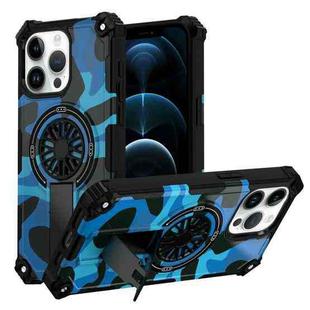 For iPhone 12 Pro Max Camouflage Kickstand Rotating Shaft MagSafe Phone Case(Blue Camouflage)
