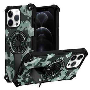 For iPhone 12 / 12 Pro Camouflage Kickstand Rotating Shaft MagSafe Phone Case(Mint Green Camouflage)