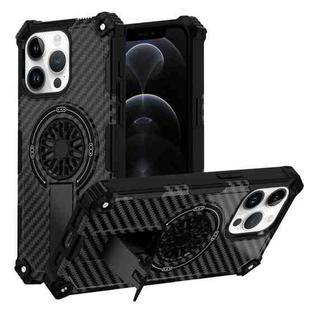 For iPhone 12 / 12 Pro Camouflage Kickstand Rotating Shaft MagSafe Phone Case(Carbon Fiber Black)