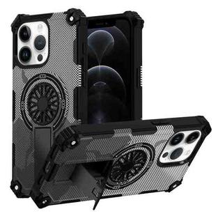 For iPhone 12 / 12 Pro Camouflage Kickstand Rotating Shaft MagSafe Phone Case(Carbon Fiber Grey)