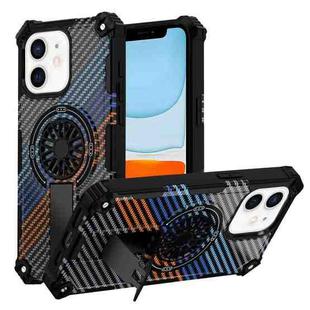 For iPhone 11 Camouflage Kickstand Rotating Shaft MagSafe Phone Case(Carbon Fiber Rainbow)