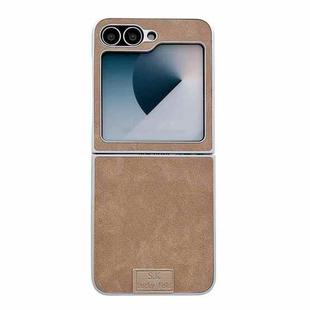 For Samsung Galaxy Z Flip6 5G Lamb Leather Cork PU + PC Brown Phone Case(Silver Edge)