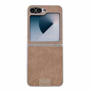 For Samsung Galaxy Z Flip5 5G Lamb Leather Cork PU + PC Brown Phone Case(Silver Edge)