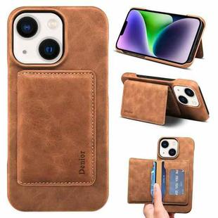 For iPhone 14 Plus Denior D27 Retro Texture RFID MagSafe Photo Frame Card-slot Phone Case(Brown)
