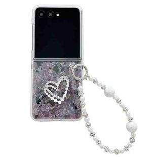 For Motorola Razr 50 Ultra Pearlescent Shell Texture Heart Pattern Phone Case with Bracelet(Pink Green)