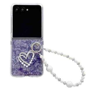 For Motorola Razr 50 Ultra Pearlescent Shell Texture Heart Pattern Phone Case with Bracelet(Purple)