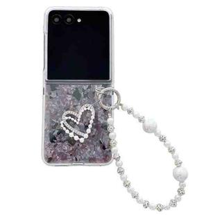 For Motorola Razr 60 Ultra Pearlescent Shell Texture Heart Pattern Phone Case with Bracelet(Pink Green)