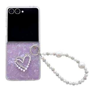 For Samsung Galaxy Z Flip7 Pearlescent Shell Texture Heart Pattern Phone Case with Bracelet(Purple)