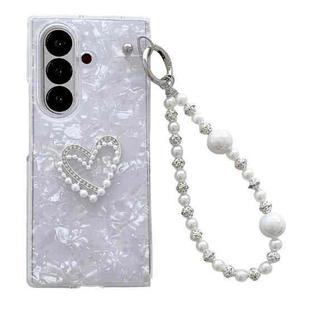 For Samsung Galaxy Z Fold7 5G Pearlescent Shell Texture Heart Pattern Phone Case with Bracelet(White)
