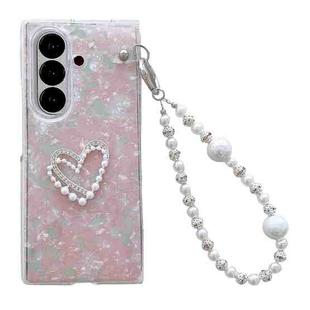 For Samsung Galaxy Z Fold7 5G Pearlescent Shell Texture Heart Pattern Phone Case with Bracelet(Pink Green)