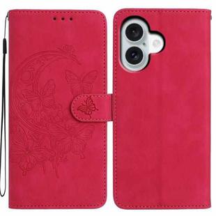 For iPhone 17 Moonlit Butterfly Dance Pattern Embossed Leather Phone Case(Rose Red)