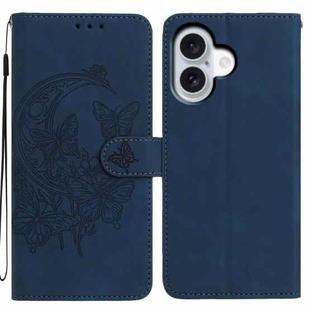 For iPhone 17 Moonlit Butterfly Dance Pattern Embossed Leather Phone Case(Navy Blue)