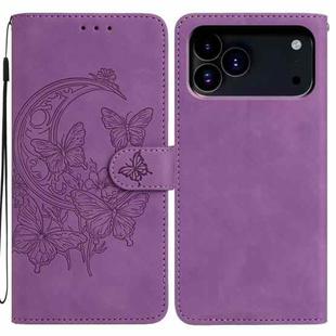 For iPhone 17 Pro Moonlit Butterfly Dance Pattern Embossed Leather Phone Case(Purple)