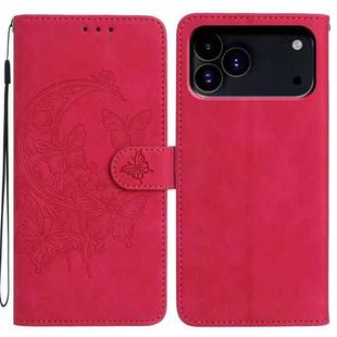 For iPhone 17 Pro Moonlit Butterfly Dance Pattern Embossed Leather Phone Case(Rose Red)