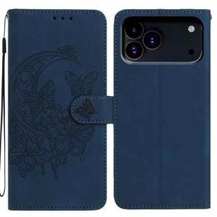 For iPhone 17 Pro Moonlit Butterfly Dance Pattern Embossed Leather Phone Case(Navy Blue)