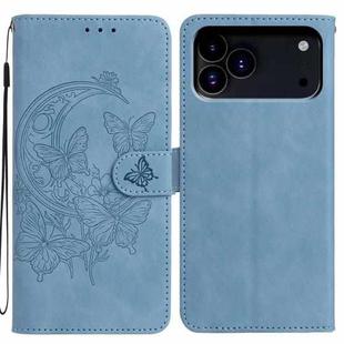 For iPhone 17 Pro Moonlit Butterfly Dance Pattern Embossed Leather Phone Case(Blue)